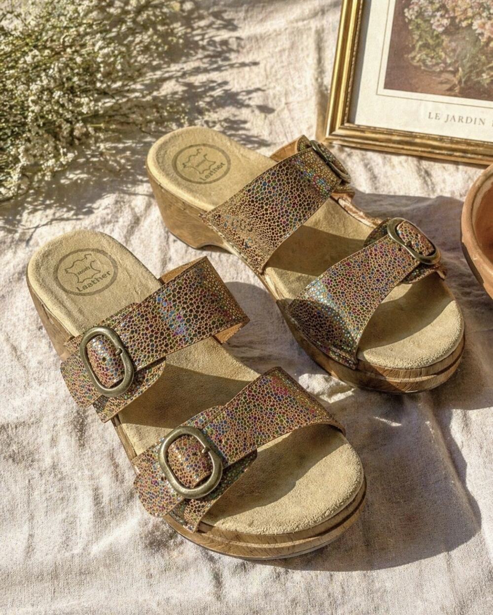 Dansko Dble Bkle Metallic Speckled Leather Clog Cushioned Sandals EU 40 US 9-9.5